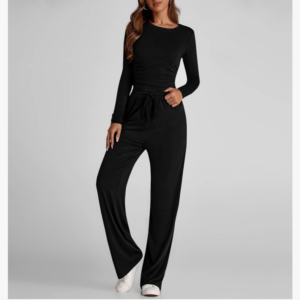 New 2 Piece Outfits Lounge Sets Long Sleeve Tops Wide Leg Pants - Picture 3 of 6
